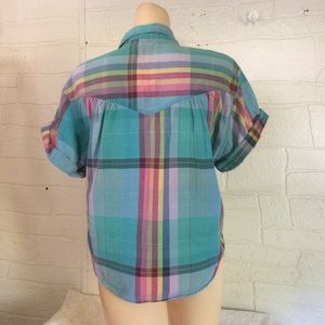 Vintage blouse 80s 90s Short Sleeve Cotton Shirt Turquoise